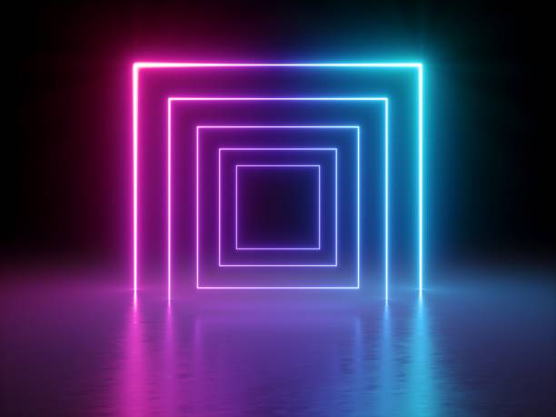 istock 3d render, glowing lines, tunnel, neon lights, virtual reality, abstract background, square portal, arch, pink blue spectrum vibrant colors, laser show 948954320