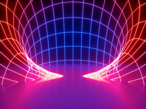 istock 3d render, glowing grid, round hole, lines, tunnel, neon lights, virtual reality, abstract background, red blue spectrum, vibrant colors, laser show 948954506