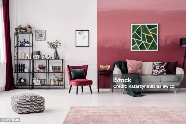 Living Room With Red Wall Stock Photo - Download Image Now - Living Room, Painting - Activity, Indoors