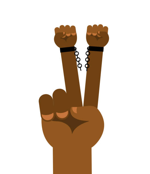 Abolition of slavery. Hand symbol victory. Arm slave with broken shackles. Broken chain. Abolition of slavery. Hand symbol victory. Arm slave with broken shackles. Broken chain. background of slaves in chains stock illustrations