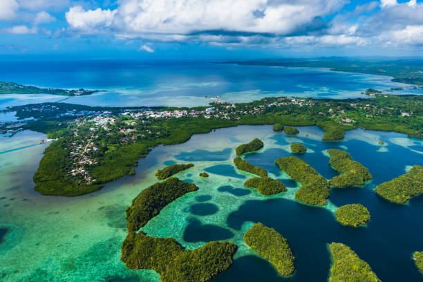 Streets of Palau Koror and coves of coral reefs Streets of Palau Koror and coves of coral reefs palau stock pictures, royalty-free photos & images