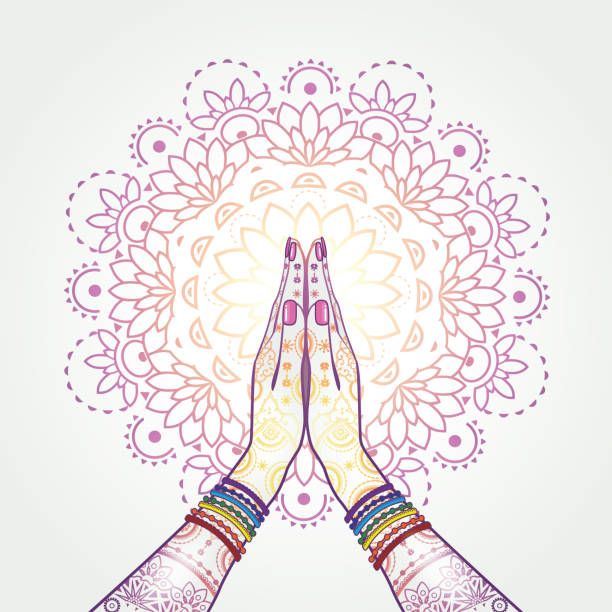 ilustraciones, imágenes clip art, dibujos animados e iconos de stock de namaste decorada - prayer position illustrations