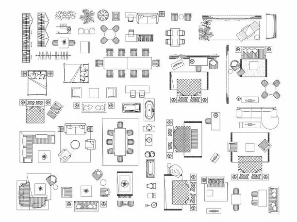 Vector illustration of Top view of set furniture elements outline symbol for bedroom, kitchen, bathroom, dining room and living room. Interior icon bed, chair, table and sofa.