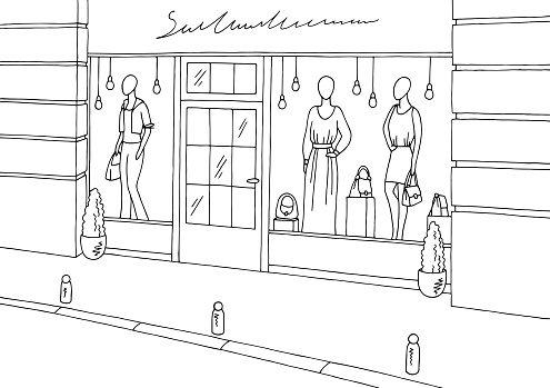 Clothing store shop exterior graphic black white boutique sketch illustration vector