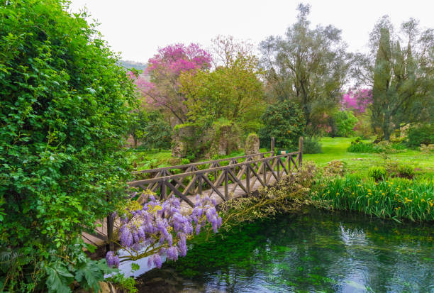 Ninfa Garden and Medieval Town (Lazio, Italy) Garden of Ninfa, Italy - 15 April 2018 - A natural monument with medieval ruins in stone, flowers park and an awesome torrent with little fall. Province of Latina, Lazio region, central Italy. sermoneta stock pictures, royalty-free photos & images