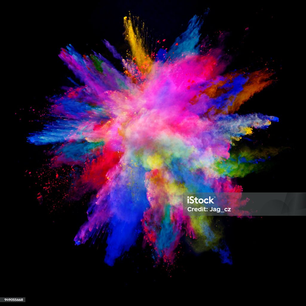 Abstract colored powder explosion isolated on black background. Abstract colored powder explosion isolated on black background. High resolution texture Colors Stock Photo