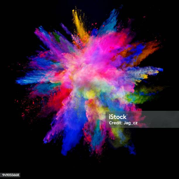 Abstract Colored Powder Explosion Isolated On Black Background Stock Photo - Download Image Now