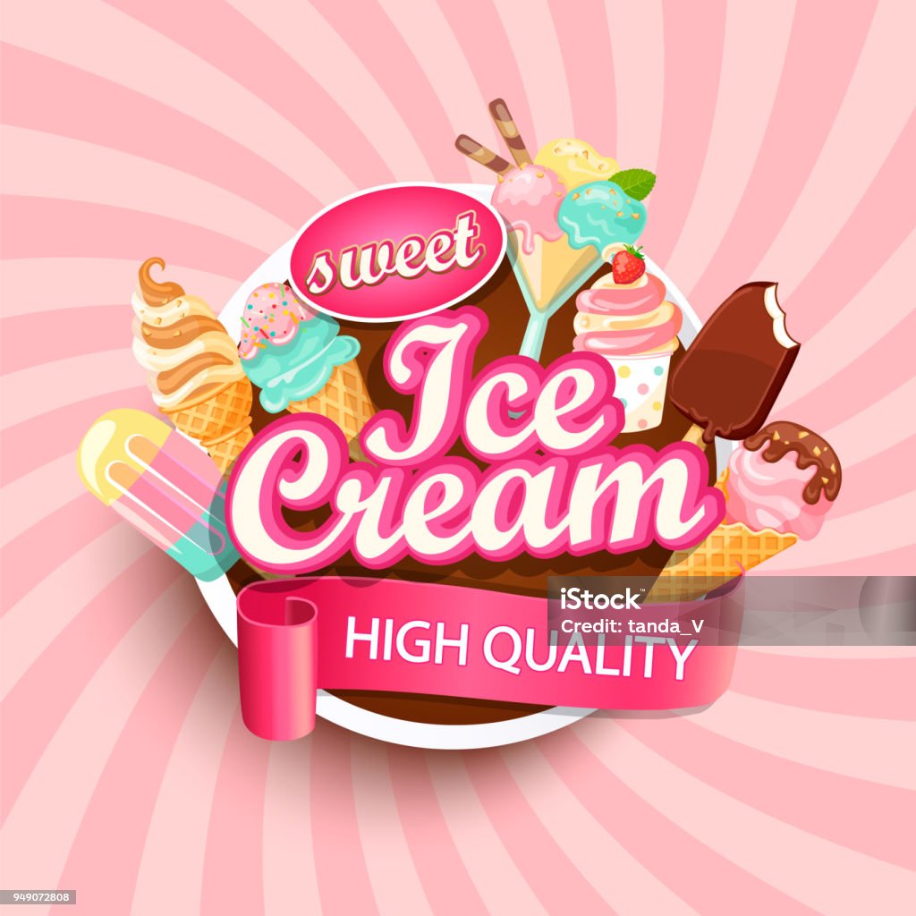 Ice cream shop label or emblem. Colorful Ice cream shop label or emblem in caartoon style for your design on suburst background. Vector illustration. Ice Cream stock vector