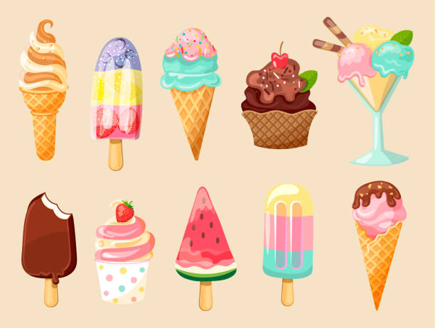 New Ice cream collection of summer delicious. New Cartoon Ice cream collection of summer delicious 2018 in flat style. 10 tasty colorful sundaes, gelatos. Vector illustration. summer collection stock illustrations