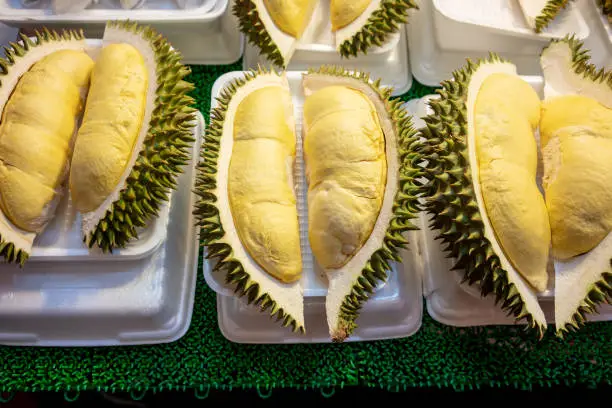 Photo of Pieces of durian fruit in white foam plate on display for sale. Close up Yellow fresh durain is king of fruit in Thailand.