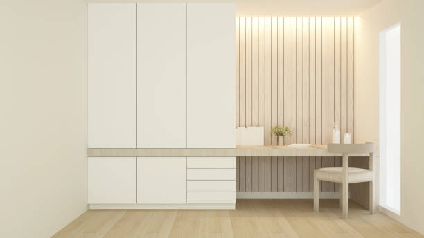 istock Workplace and wardrobe in condominium or hotel - Study room white tone artwork for apartment or home - 3D Rendering 949082652