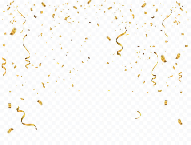 шаблон праздничного фона с конфетти и золотыми лентами. - confetti stock illustrations
