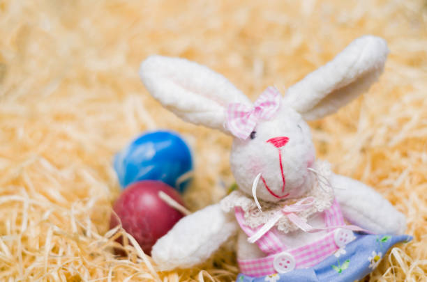 istock Concept of Easter, plush Easter bunny on straw background with decorated. 949087242