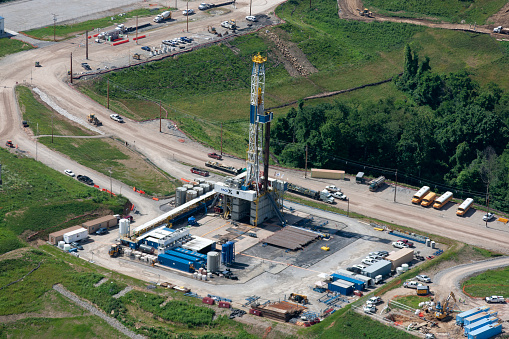 Aerial of Drill rig Northern West Virginia Marcellus Shale formation photograph taken July 2017