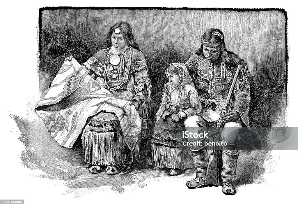 Apache family Apache family - Scanned 1887 Engraving Indigenous Peoples of the Americas stock illustration