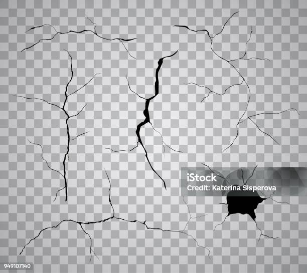 Vector Set Of Black Cracks And Holes Isolated On Transparent Background Stock Illustration - Download Image Now
