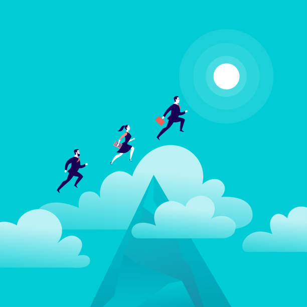 Vector flat illustration with office people jumping above mountain peak on blue sky with isolated clouds. Vector flat illustration with office people jumping above mountain peak on blue sky with isolated clouds. Motivation, moving upwards, aspirations, new aims and perspectives, achievements - metaphor. mountain peak clouds stock illustrations