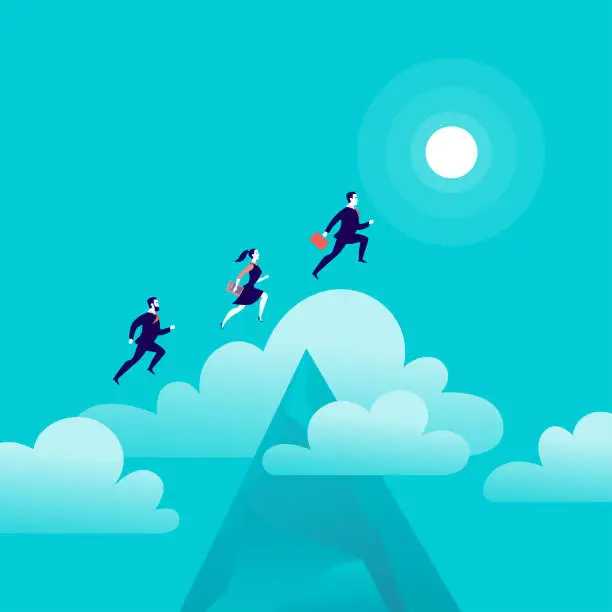 Vector illustration of Vector flat illustration with office people jumping above mountain peak on blue sky with isolated clouds.