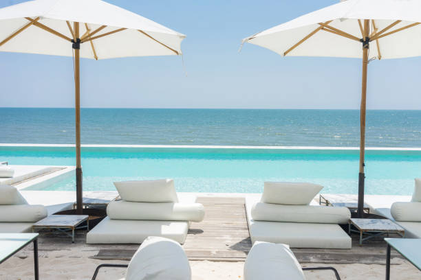 istock The beautiful seaside swimming pool resort with modern white deck chair 949114874
