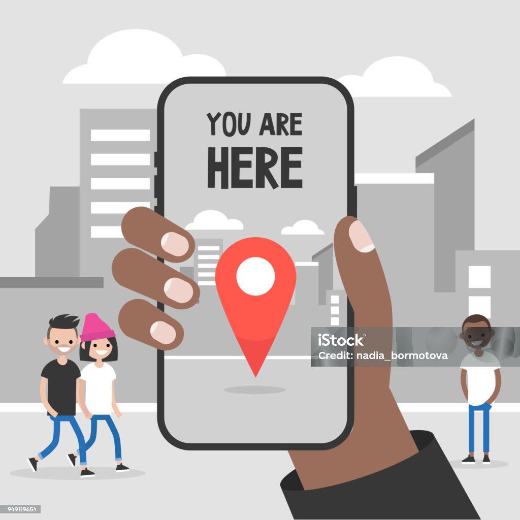 You are here. Navigation in the city. Black hand holding a mobile phone. Technologies. Flat editable vector illustration, clip art Telephone stock vector