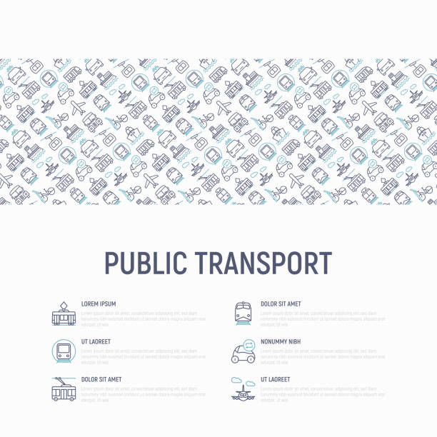 細い線のアイコンと公共交通機関の概念: 鉄道、バス、タクシー、船、フェリー、トロリーバス、トラム、カーシェア リングします。正面と側面のビュー。モダンなベクトル イラスト バナ� - public transportation cable car ferry bicycle点のイラスト�素材／クリップアート素材／マンガ素材／アイコン素材