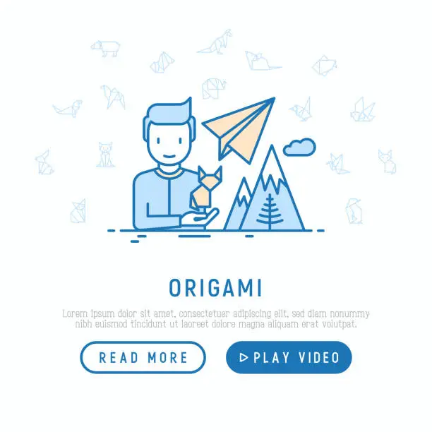 Vector illustration of Workshop concept: man with origami fox in hand, thin line icons: penguin, camel, bear, sparrow, fish, mouse, bird, elephant, kangaroo, hare, seal, raccoon. Vector illustration, web page template.