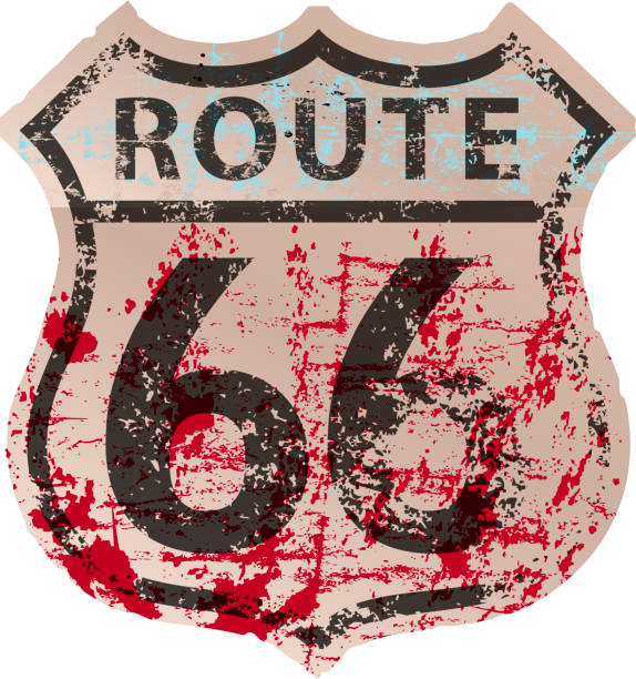 지저분한 루트 66도로 표지판, fictonal 작품: 다른 글꼴 및 색 공식도 표지판 - route 66 sign road thoroughfare stock illustrations