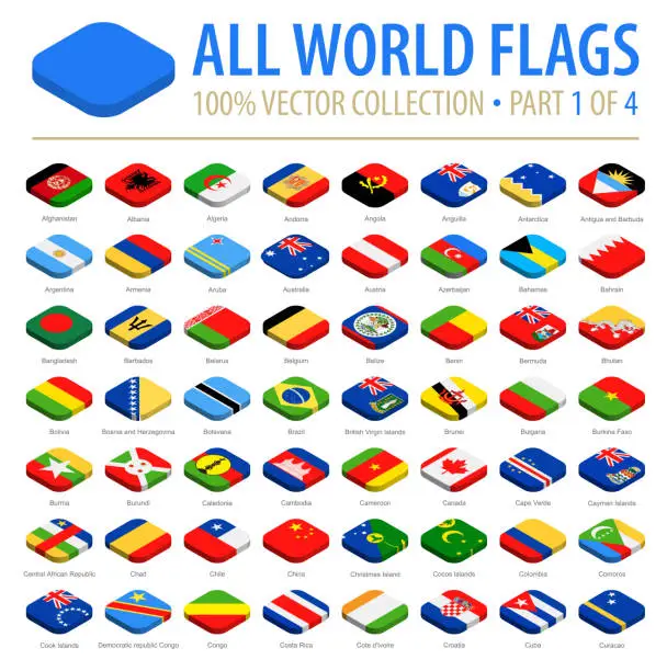 Vector illustration of World Flags - Vector Isometric Rounded Square Flat Icons - Part 1 of 4