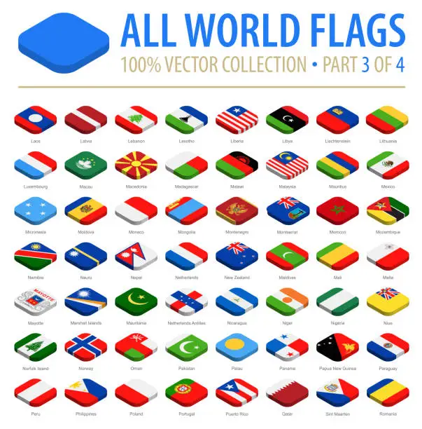 Vector illustration of World Flags - Vector Isometric Rounded Square Flat Icons - Part 3 of 4