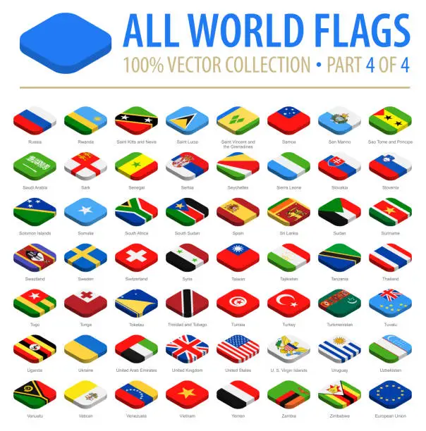 Vector illustration of World Flags - Vector Isometric Rounded Square Flat Icons - Part 4 of 4