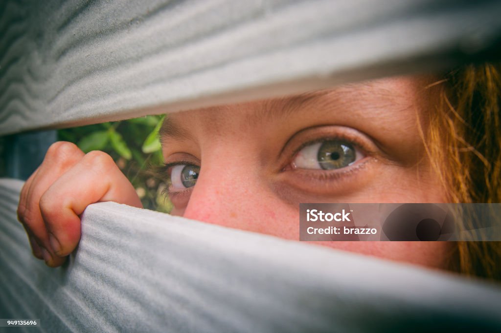 Pics de la femme à travers la clôture des voisins - Photo de Clôture libre de droits