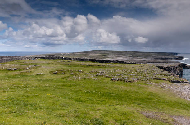 Inishmore from the Second Enclosure of Dun Aonghasa (Dun Aengus), Aran Islands, Ireland. View of the island of Inishmore (Inis Mor) from close to the wall of the inner enclosure of Dun Aonghasa (Dun Aengus) facing east (northeast to southeast as well) encompassing the north and south coasts.  There are surrounding dry stone walls that define the second enclosure of the Bronze/Iron Age fort and beyond are numerous walled fields and farm houses.  Visible on the distant ridge is Dun Eochla as a tiny bump towards the north coast (left) other places visible are the Oat Quarter, Ballinacregga.  Inishmore (Inis Mor), Aran Islands, County Galway, Ireland michael stephen wills aran stock pictures, royalty-free photos & images
