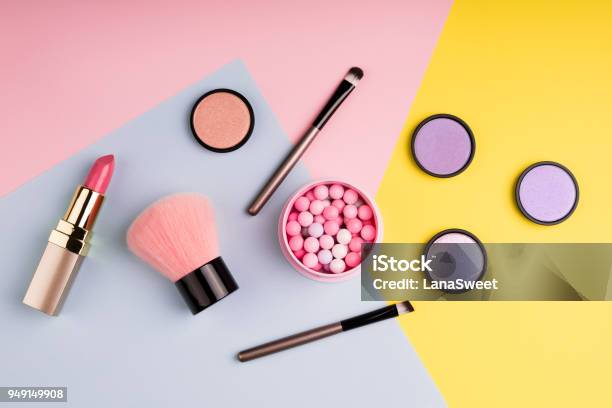 Makeup Products And Decorative Cosmetics On Color Background Flat Lay Fashion And Beauty Blogging Concept Top View Stock Photo - Download Image Now