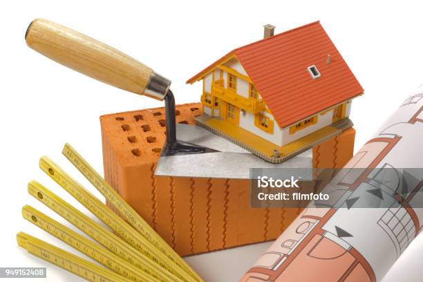 Brick For House Construction And Tools Stock Photo - Download Image Now - Architecture, Brick, Brown