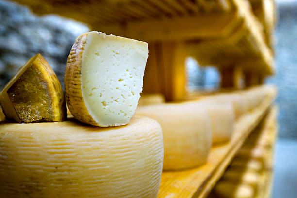 pecorino su uno scaffale - formaggio di pecora foto e immagini stock