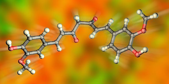 Curcumin molecule, a yellow-orange dye obtained from turmeric, 3D illustration. It has high antioxidant, anti-inflammatory, chemopreventive and anticancer activity