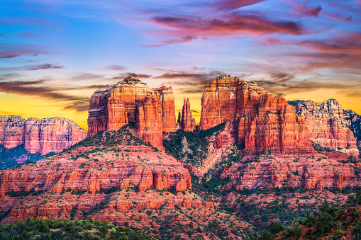 Sedona, Arizona, USA downtown and mountains.