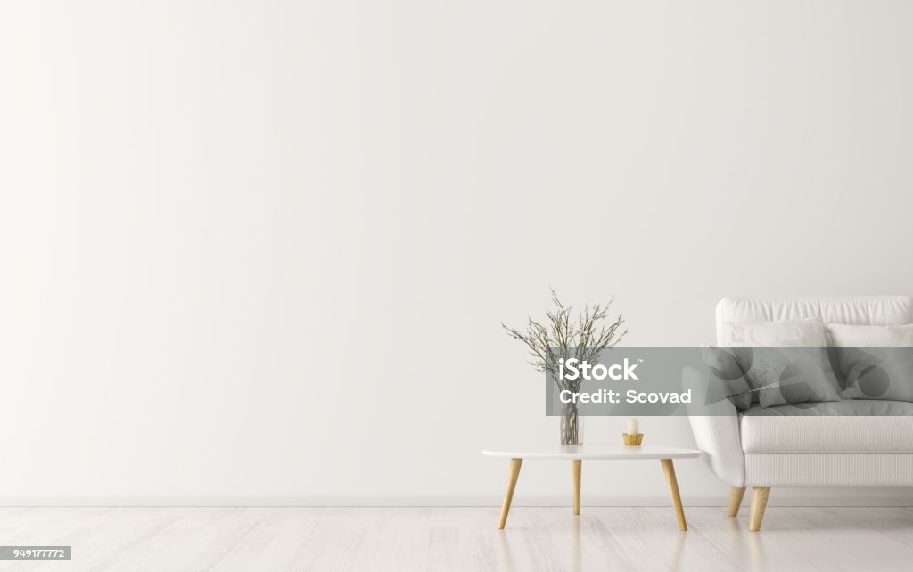 Intérieur avec canapé et table basse rendu 3d - Photo de Blanc libre de droits