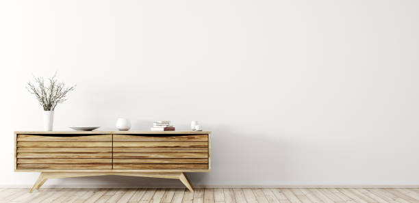 modern interior with wooden dresser 3d rendering - sideboard imagens e fotografias de stock