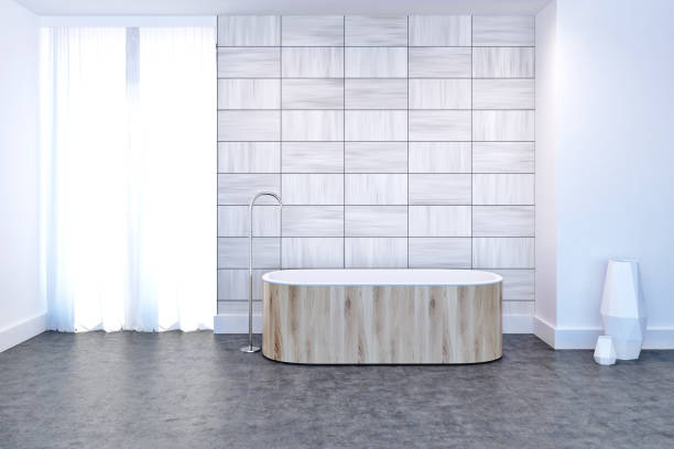 istock Modern bathroom interior, wooden tub 949183520