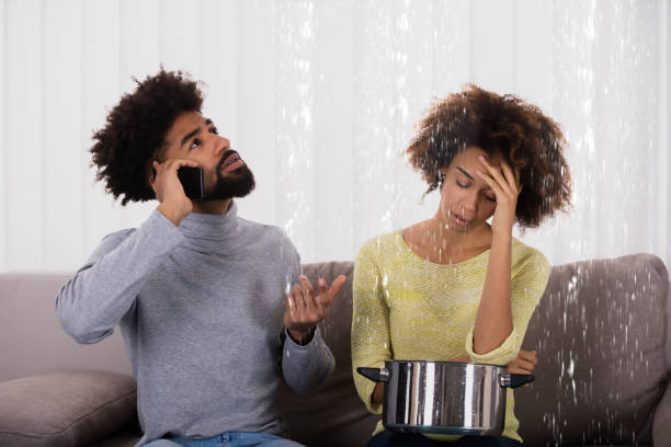 istock Woman Using Utensil For Collecting Water Leaking From Ceiling 949183710