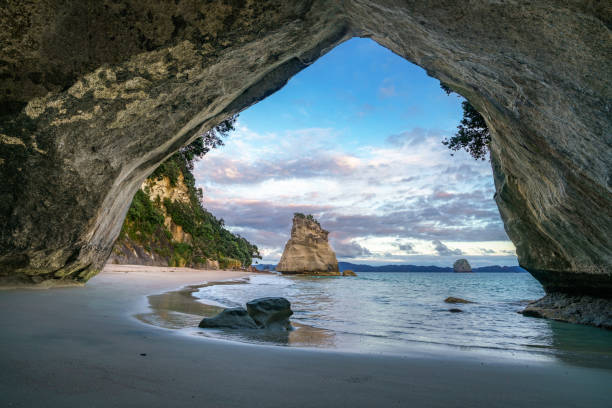 vista desde la cueva en la catedral cove, coromandel, nueva zelanda 15 - new zealand cathedral cove sea sand fotografías e imágenes de stock