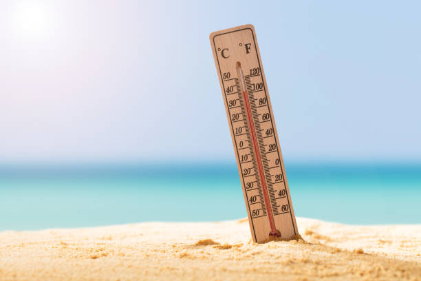 Close-up Of Thermometer On Sand Close-up Of Thermometer On Sand Showing High Temperature Heat stock pictures, royalty-free photos & images