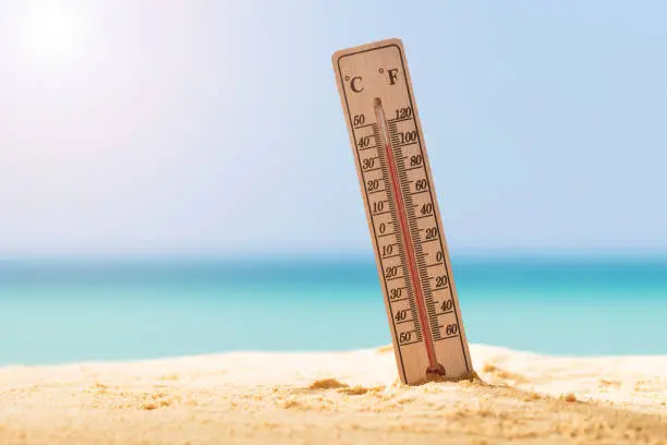 Close-up Of Thermometer On Sand Showing High Temperature