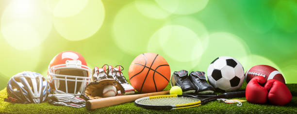 close-up of various sport equipments on pitch - sports equipment imagens e fotografias de stock