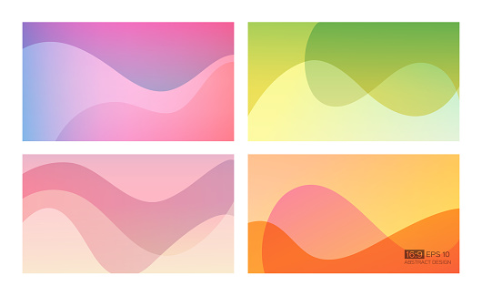 Abstract soft gradient background set. 16:9 screen format. Perfect for web applications, brochures, design templates and business presentations. Purple, green, millenial pink, orange.