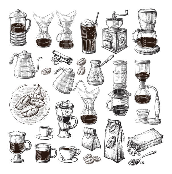 다른 대체 양조 커피에 대 한 설정 컬렉션 사이 펀 chemex cezve 부 - coffee coffee bean coffee grinder cup stock illustrations