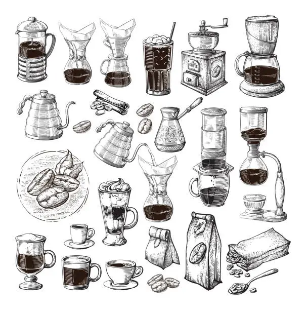 Vector illustration of different alternative brewing for coffee set collection syphon glass coffeemaker cezve pour