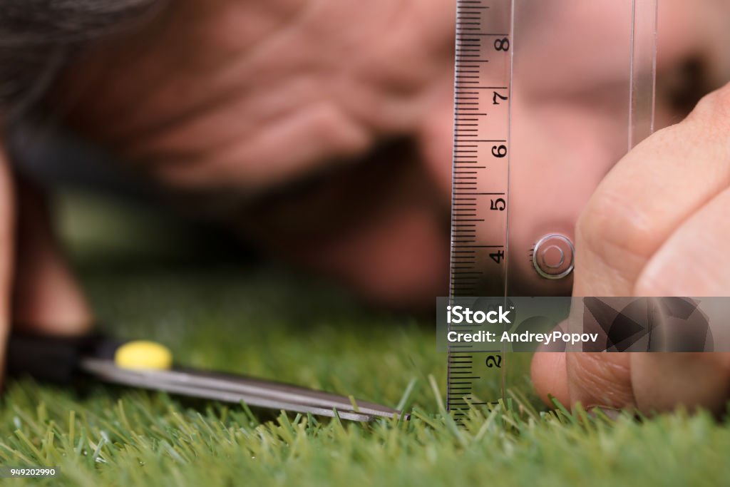 Homme en utilisant l’échelle tandis que couper l’herbe de mesure - Photo de Obsession libre de droits