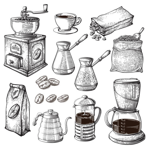 illustrations, cliparts, dessins animés et icônes de collection café dessinés à la main. croquis d’illustration sertie de turk tasses sac de haricots maker bouilloire tasses latte cannelle - coffee bean coffee crop espresso mocha